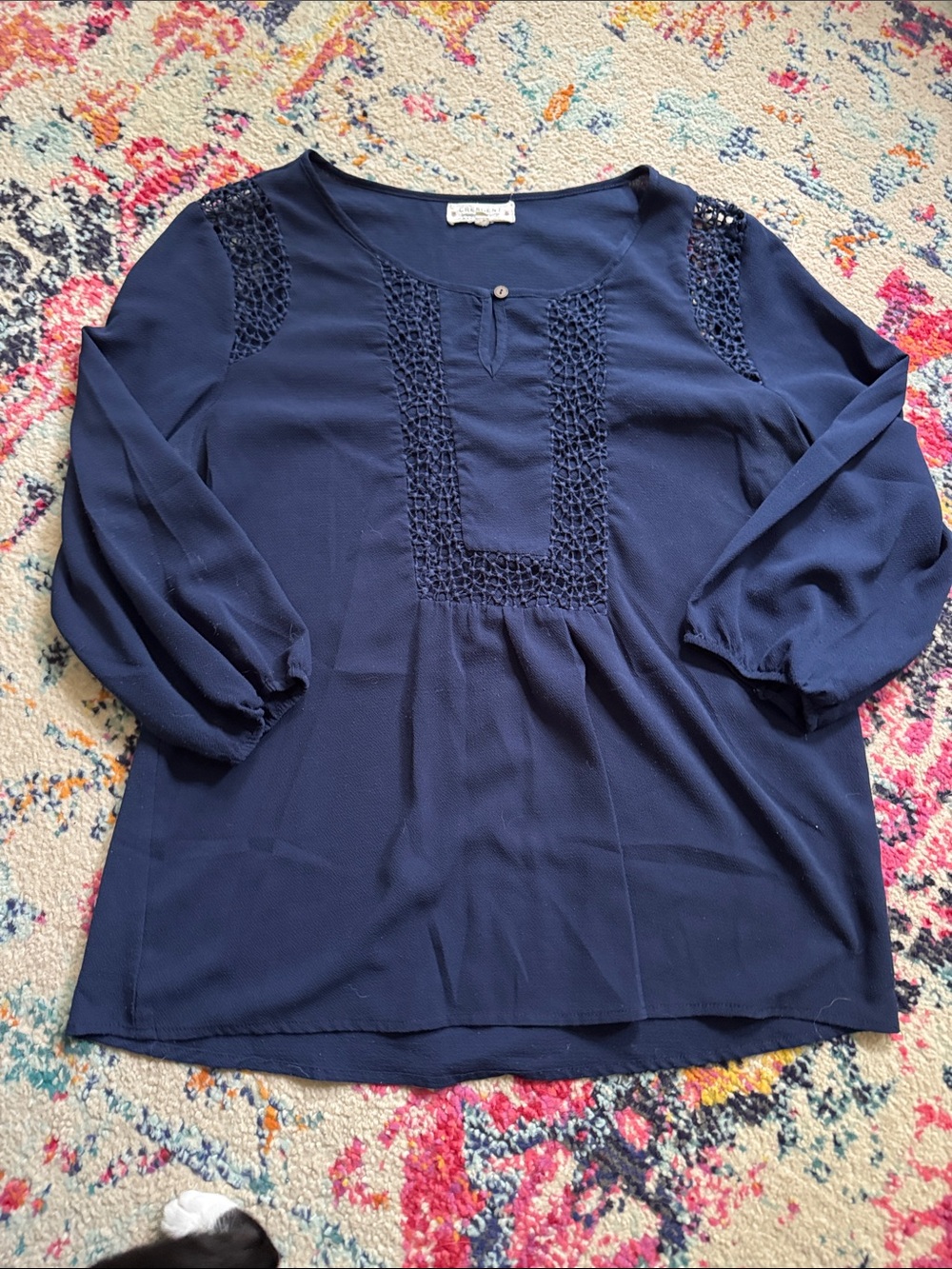 Crescent Navy Crochet-Detail Peasant Blouse